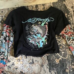 Ed Hardy Black Shirt with Vibrant Graphic Sleeves